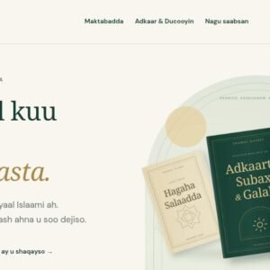 Shumac Guides Elementor homepage with Somali text, forest-green typography and sample e-book covers