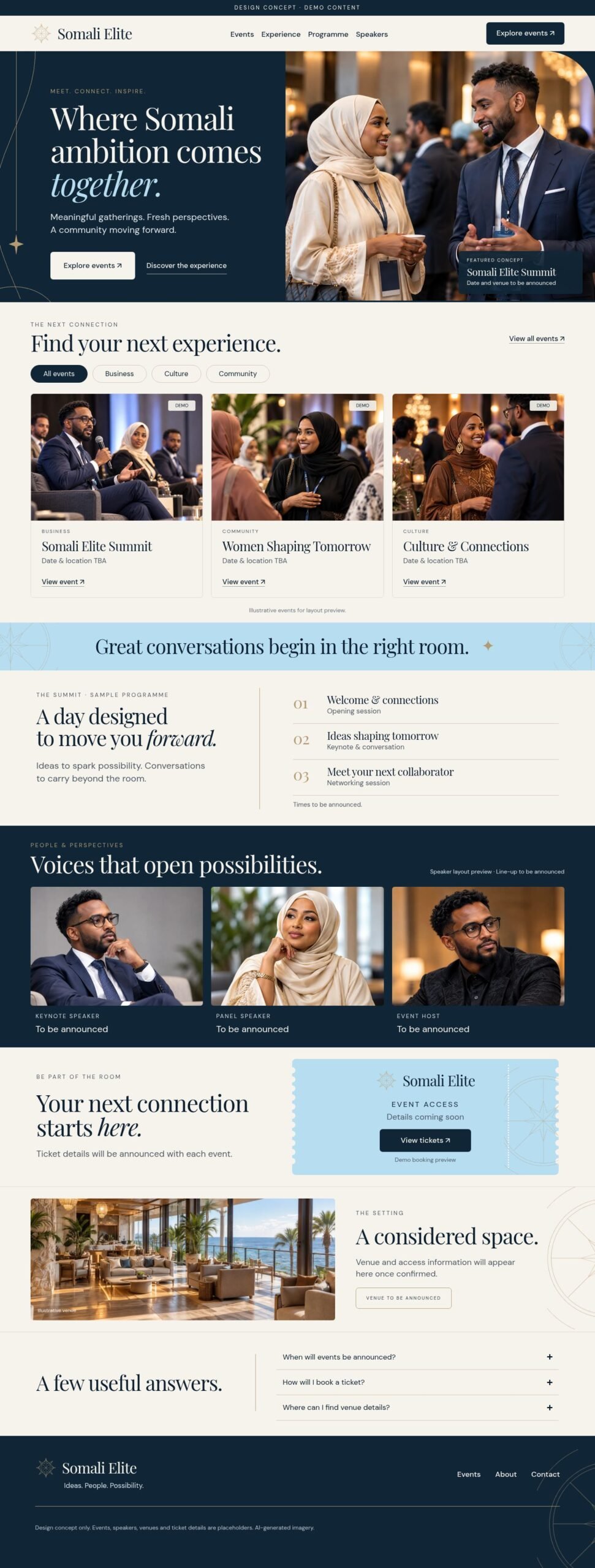Somali Elite event homepage: actual editable Elementor desktop preview with illustrative demo content.