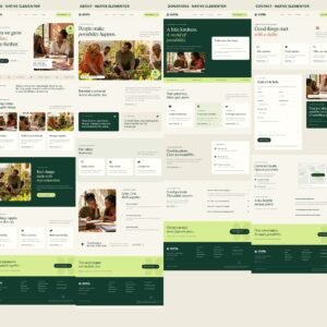 Avela NGO template: actual Home, About, Donations and Contact Elementor page previews