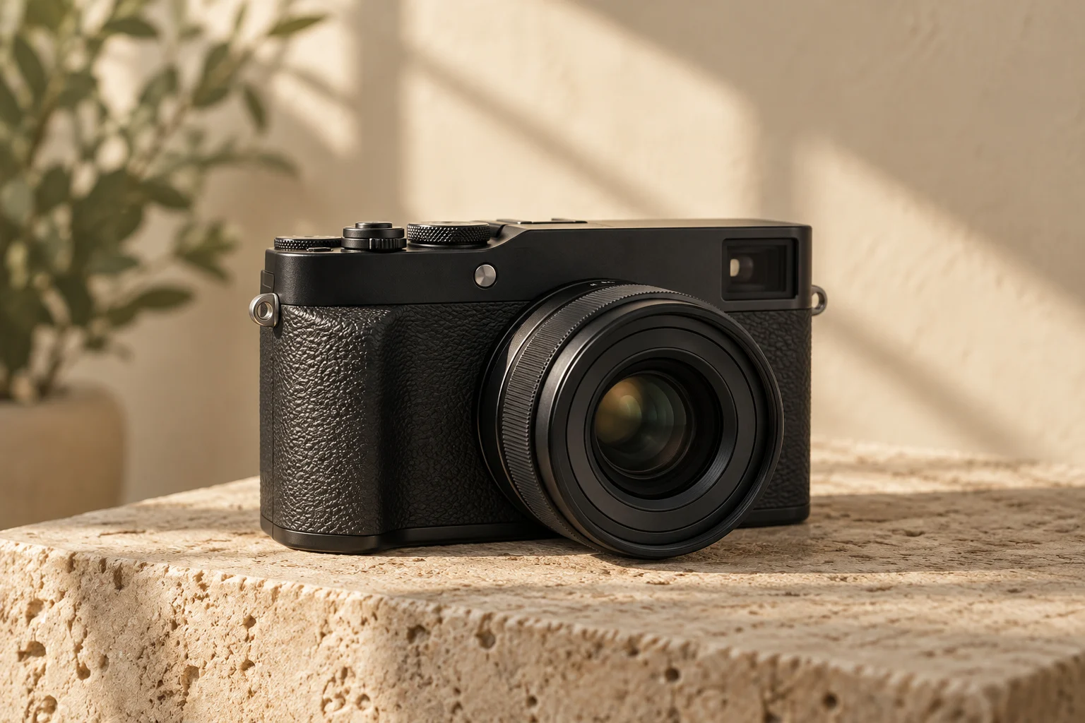 Illustrative compact black camera on a stone plinth.
