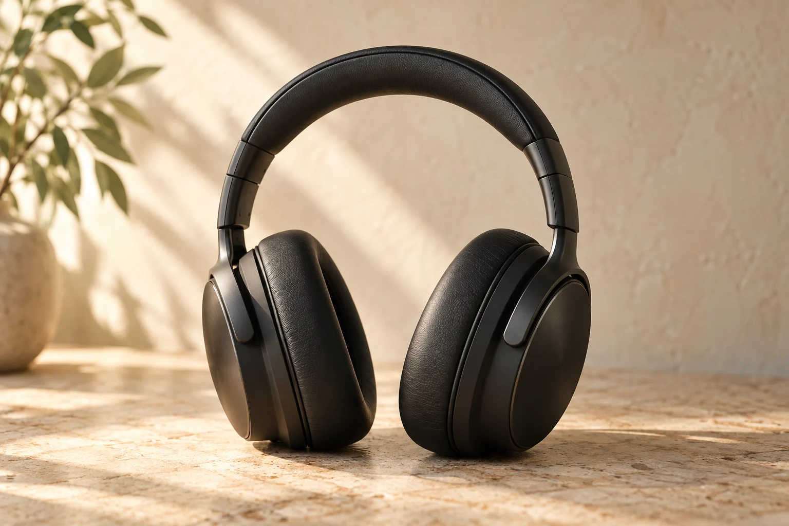 Illustrative black over-ear headphones on a neutral surface.