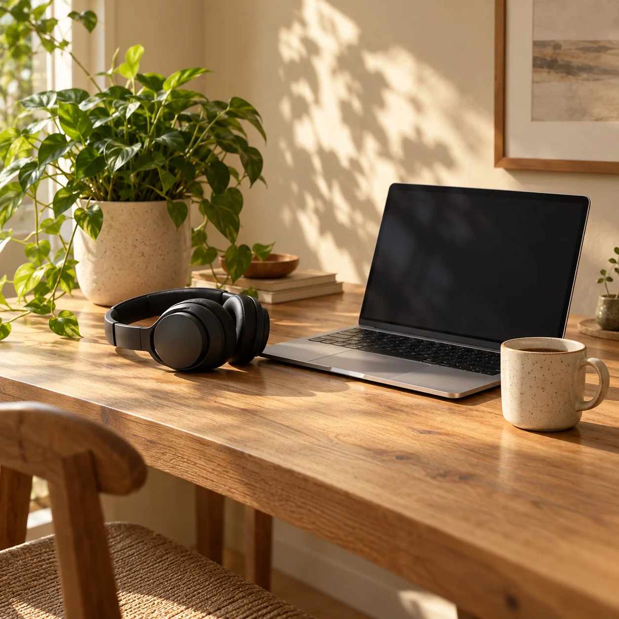 Illustrative sunlit desk with a laptop, headphones and plant.