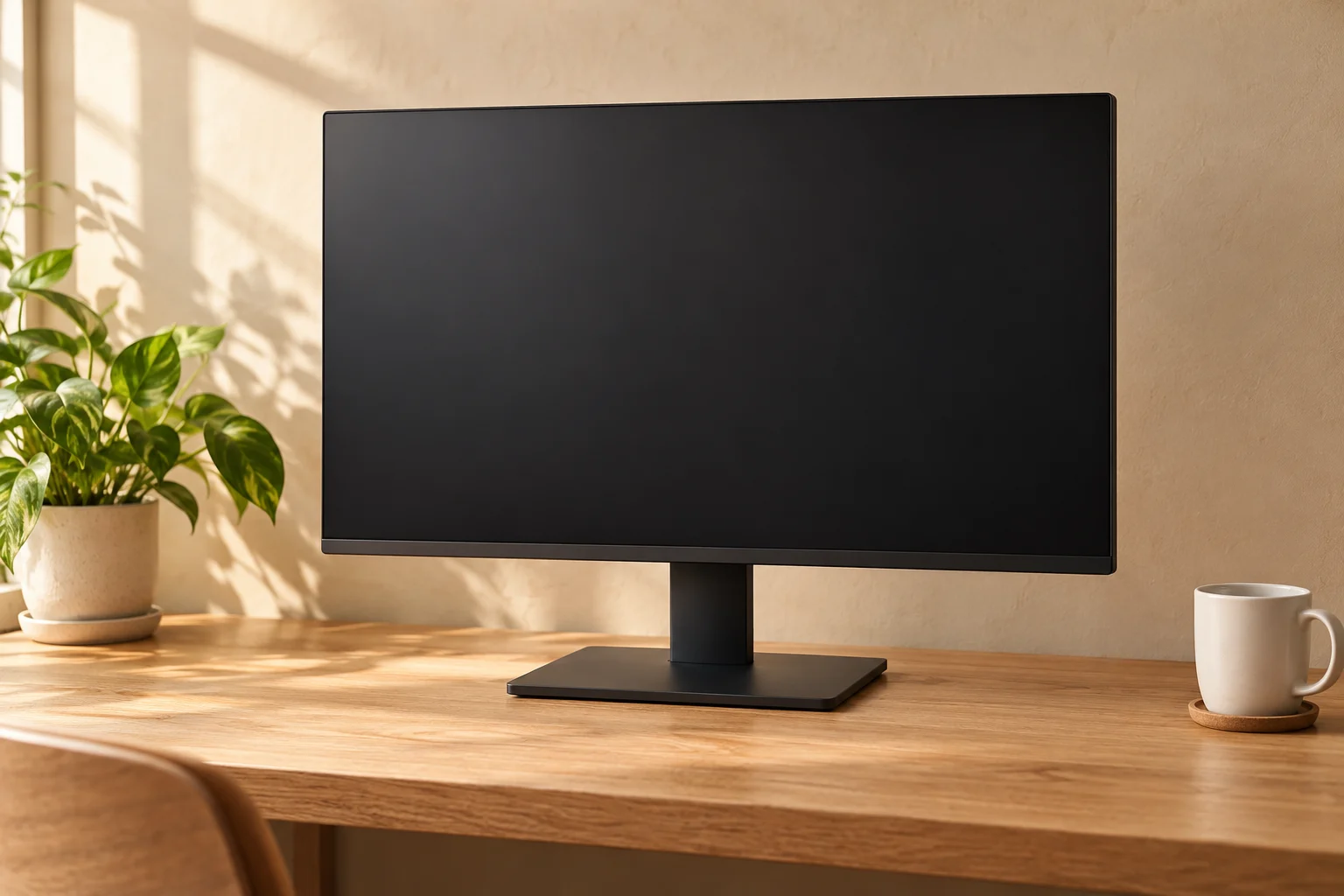 Illustrative desktop monitor with a plant and ceramic mug.