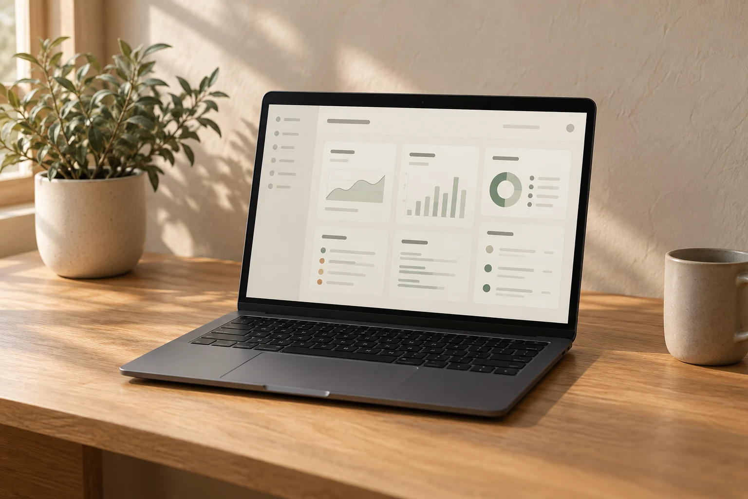 Illustrative laptop displaying an abstract productivity layout.