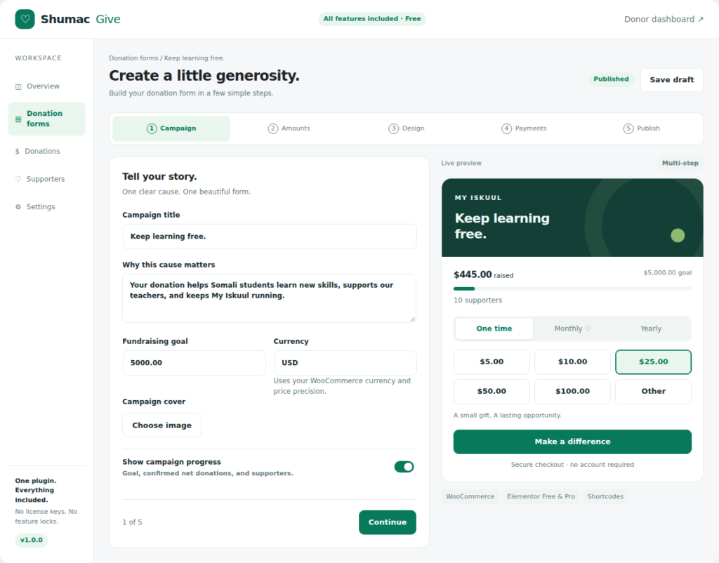 Shumac Give five-step campaign builder with live preview. Demonstration data.