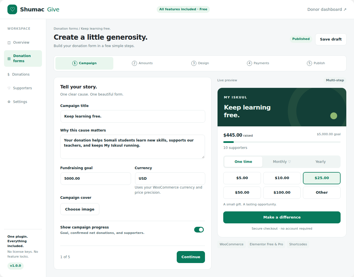 Shumac Give five-step campaign builder with live preview. Demonstration data.