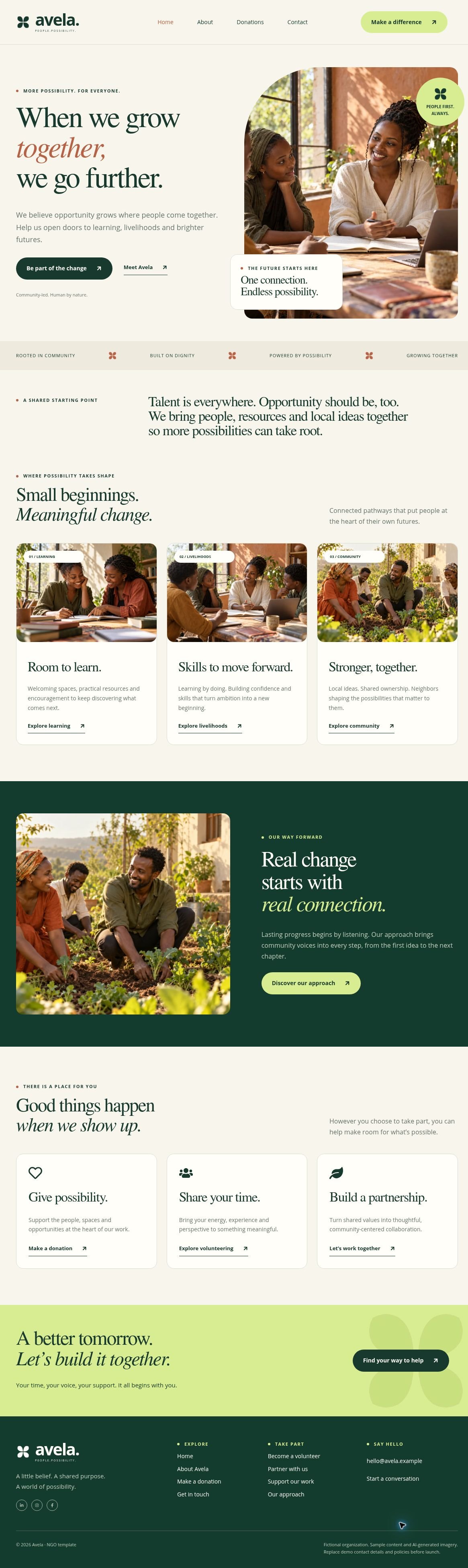 Full-page screenshot of the Avela template