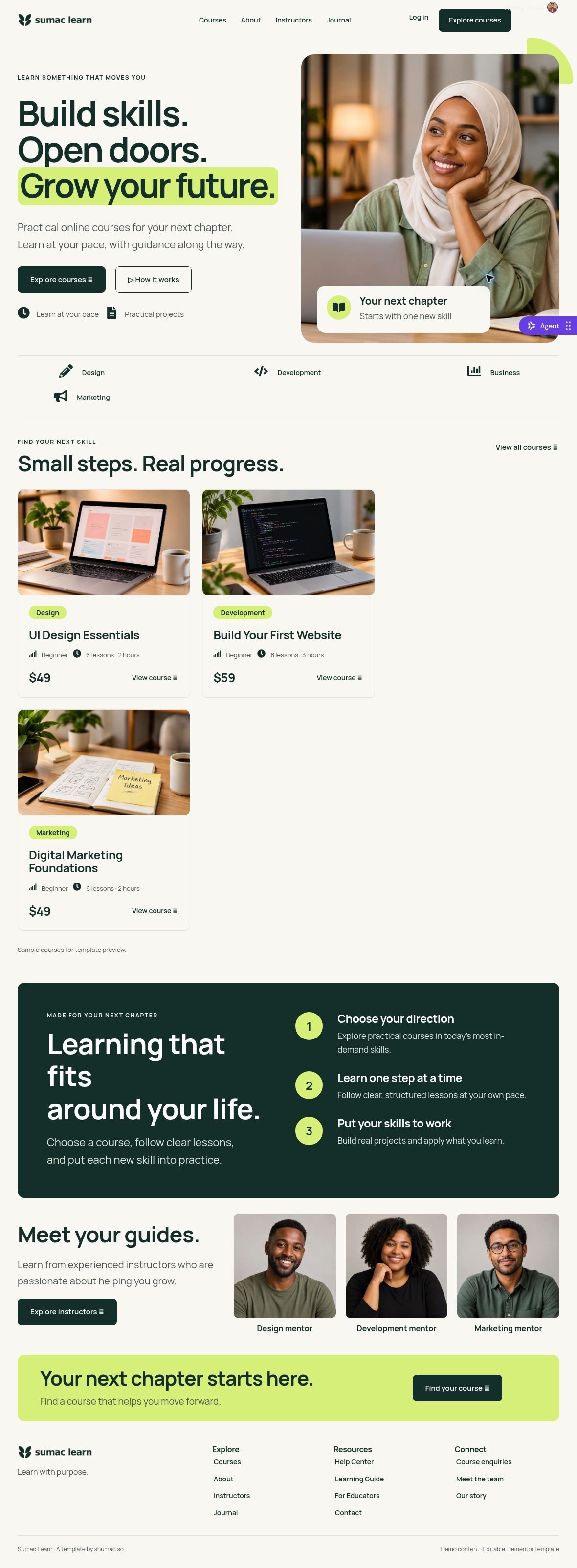 Full-page screenshot of the Sumac Learn template